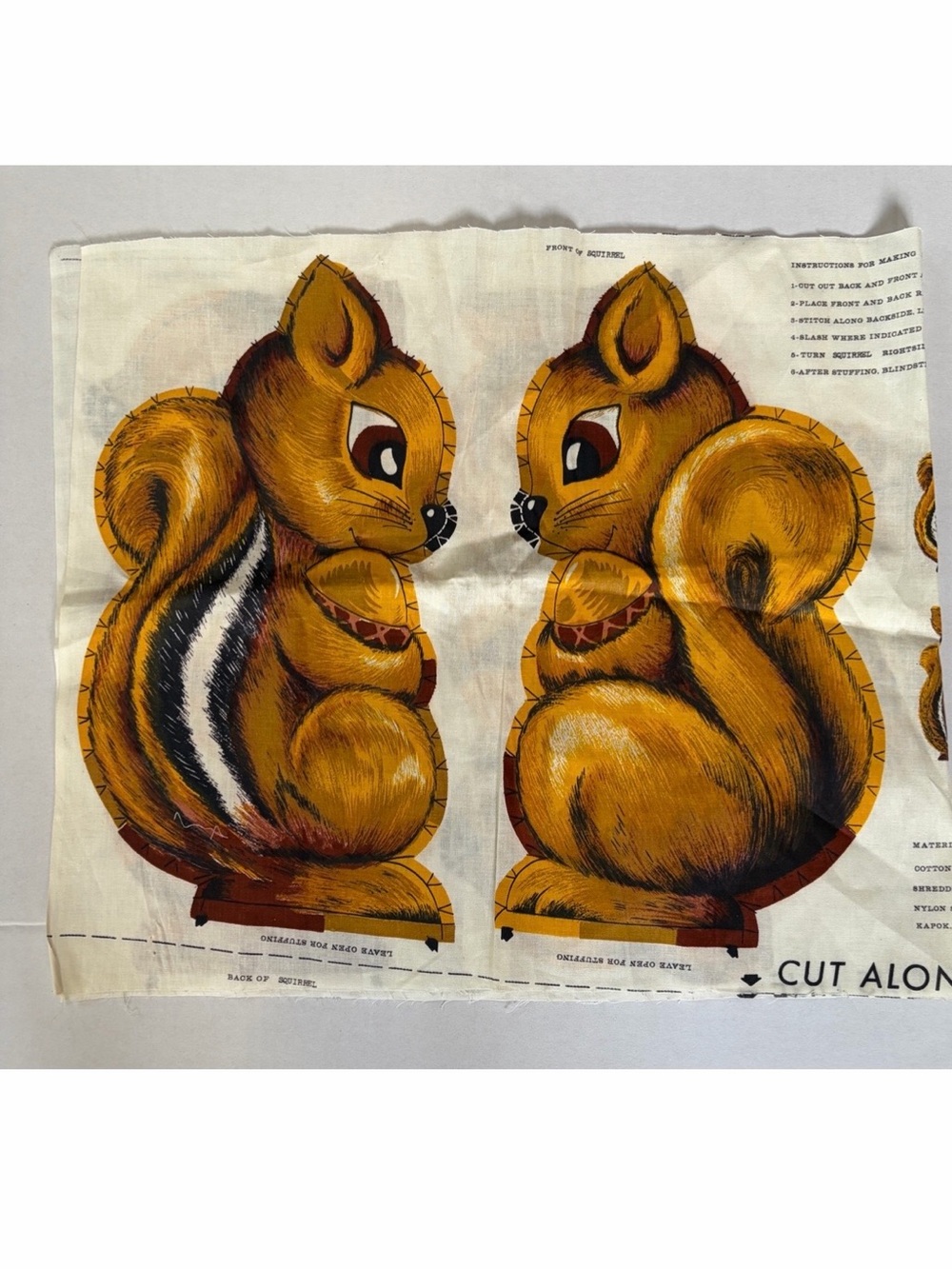 Vintage Squirrel Cut & Sew Stuffed Animal Fabric Panel Uncut Toy Sewing Craft